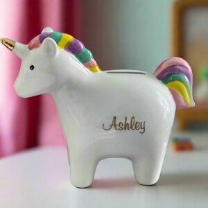 Custom Rainbow Unicorn Bank "Ashley" in Gold- White Ceramic Piggy Bank with Name